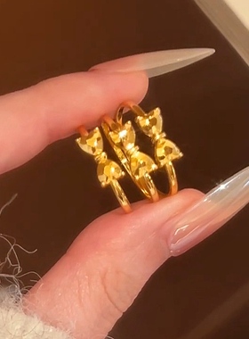 沙金复古爱心蝴蝶结可调节女戒指