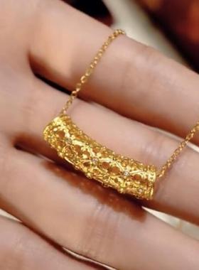 S925银百福心经弯管筒项链中国风福字微笑吊坠锁骨链饰品沙金色