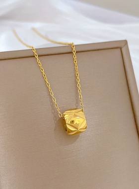 新中式18金色菱格纹小金珠项链