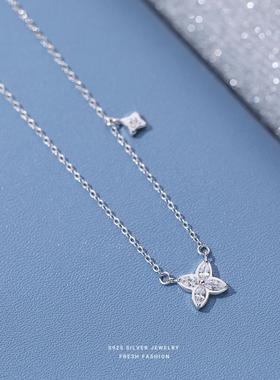 s925纯银韩版锆石四叶草项链女时尚镶钻轻奢冷淡风设计锁骨链小众