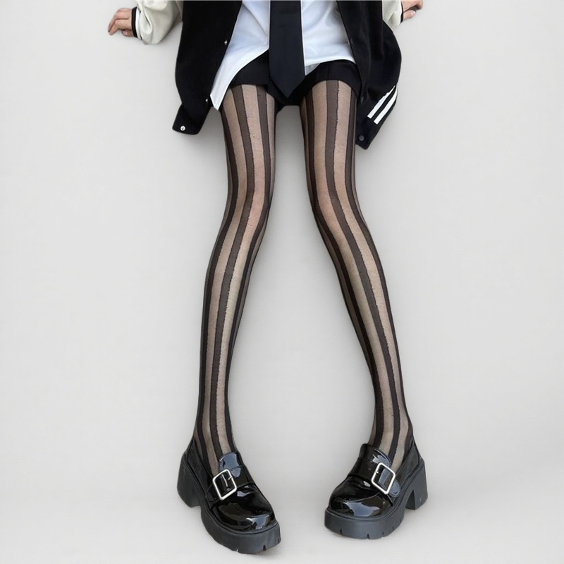 日系黑丝袜侧竖条纹女夏季性感jk辣妹ins网红拼接黑色薄款连裤袜,淘宝优惠券,粉丝福利购,淘宝优惠卷