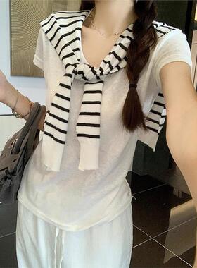 韩版黑白条纹披肩女外搭2025新款夏日办公室空调房薄款可外穿披风