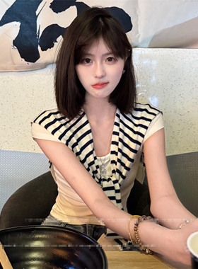 韩版条纹针织披肩小坎肩时尚外搭女2025新款夏薄款办公室斗篷开衫