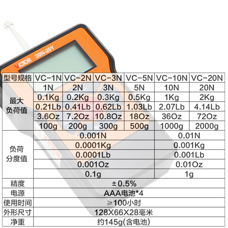 VICTOR胜利数显横向张力计VC5N-5/10N-10J/20N-20Y双向测量张力表 - 图1