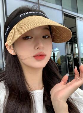 夏季大檐遮阳空顶骑行草帽女
