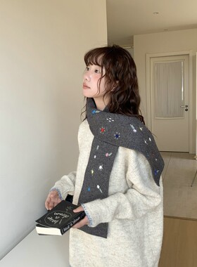 原创设计款~韩系小雏菊碎花刺绣针织围巾女秋冬新款羊毛混纺围脖