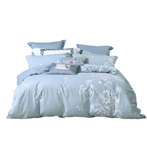 水星家纺全棉四件套蓝色简约被套被罩床单春秋季纯棉套件床上用品