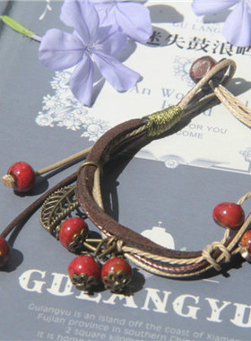 民族风皮质红色桃花运配饰手串