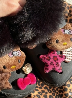 豹纹玫红蝴蝶结kt鞋带装饰洞洞鞋鞋扣毛绒鞋花crocs配饰diy可拆卸