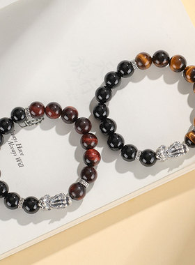 新品999银貔貅黑玛瑙串珠情侣手链女国潮个性虎眼石手串首饰