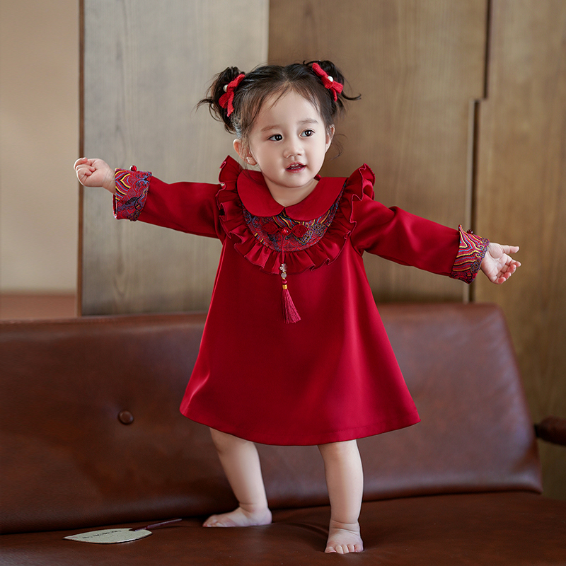 周岁女宝礼服秋冬中式抓周过年喜庆婴儿拜年服新年衣服女童公主裙