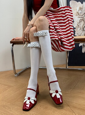 云端出走2026夏季miu系仙女风波点蝴蝶结装饰竖纹显瘦白色小腿袜