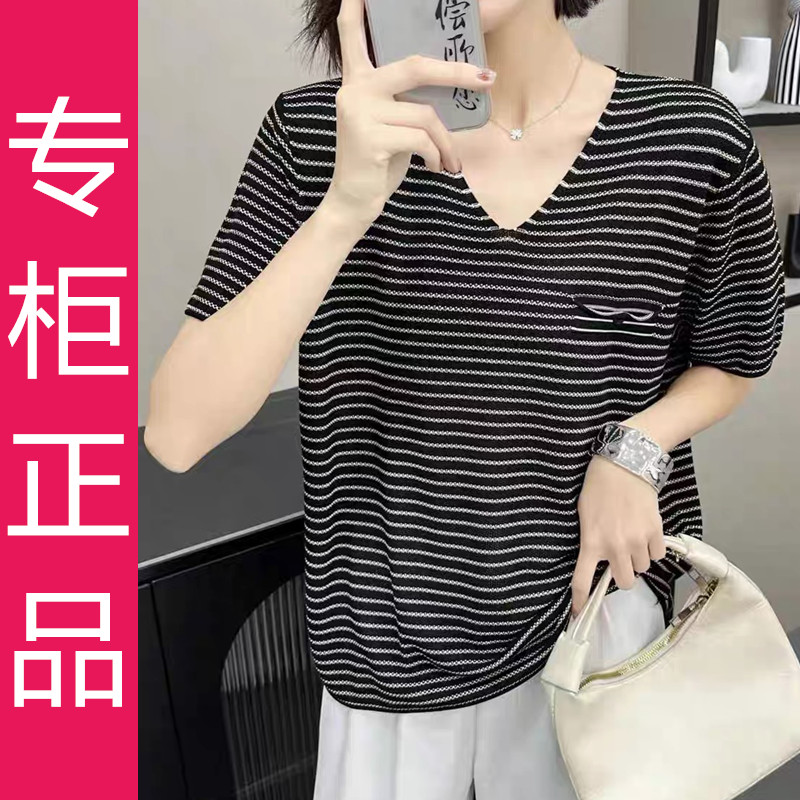 宽松显瘦【80-200斤】V领条纹短袖T恤女夏胖妹妹遮肚藏肉针织上衣 - 图2