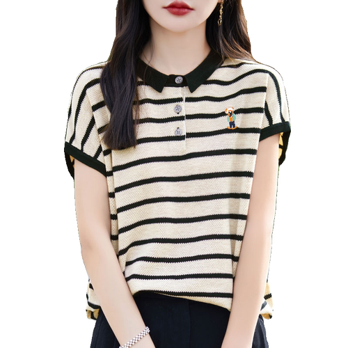 宽松遮肚【80-200斤】条纹翻领短袖T恤女夏季刺绣洋气减龄上衣潮 - 图3