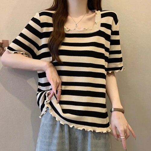 大码女装木耳边方口领冰丝短袖T恤女夏季宽松显瘦条纹针织上衣潮 - 图2