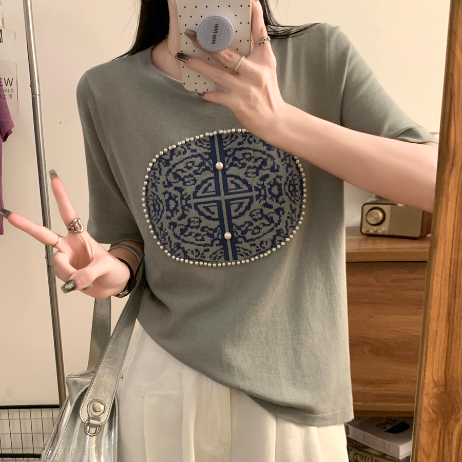 大码女装复古国潮风短袖T恤女夏季设计感钉珠宽松显瘦针织上衣服 - 图1