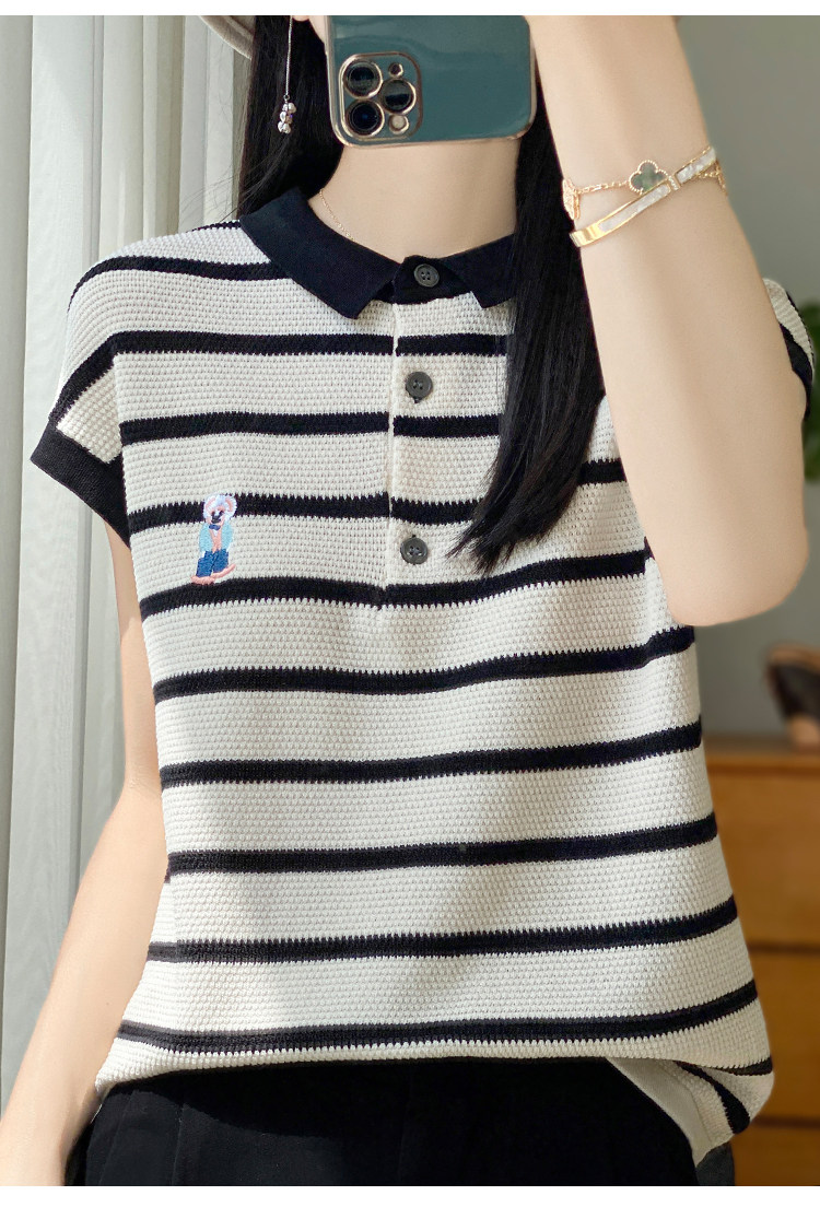 大码女装撞色Polo领小熊刺绣短袖T恤减龄宽松显瘦薄款针织上衣薄,淘宝优惠券,粉丝福利购,淘宝优惠卷