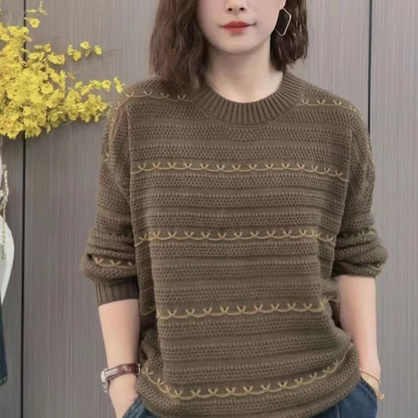 宽松显瘦【80-200斤】秋冬圆领条纹打底针织上衣女洋气减龄毛衣潮,淘宝优惠券,粉丝福利购,淘宝优惠卷