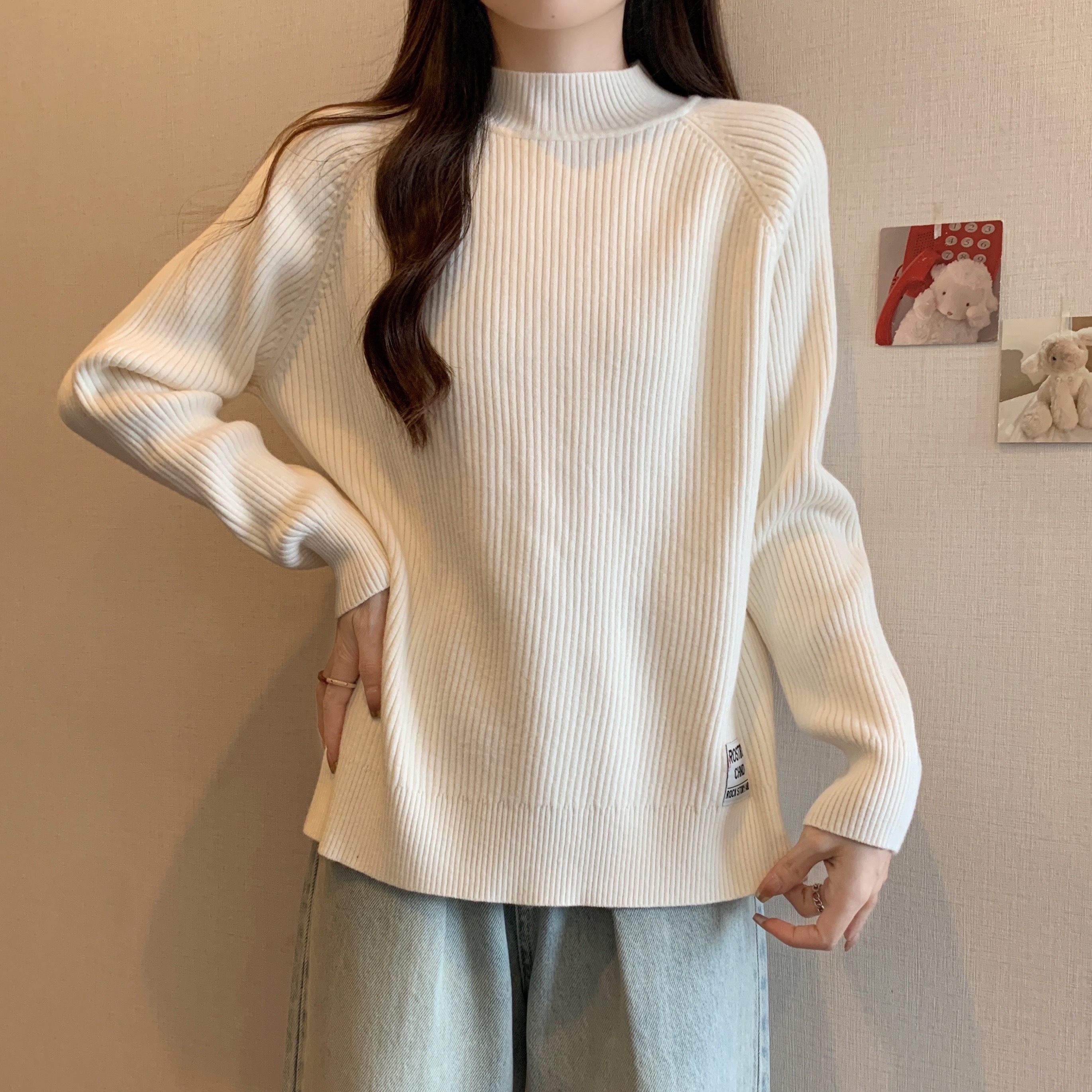 宽松显瘦【80-200斤】半高领针织衫女秋冬开叉胖MM毛衣遮肚打底衫,淘宝优惠券,粉丝福利购,淘宝优惠卷