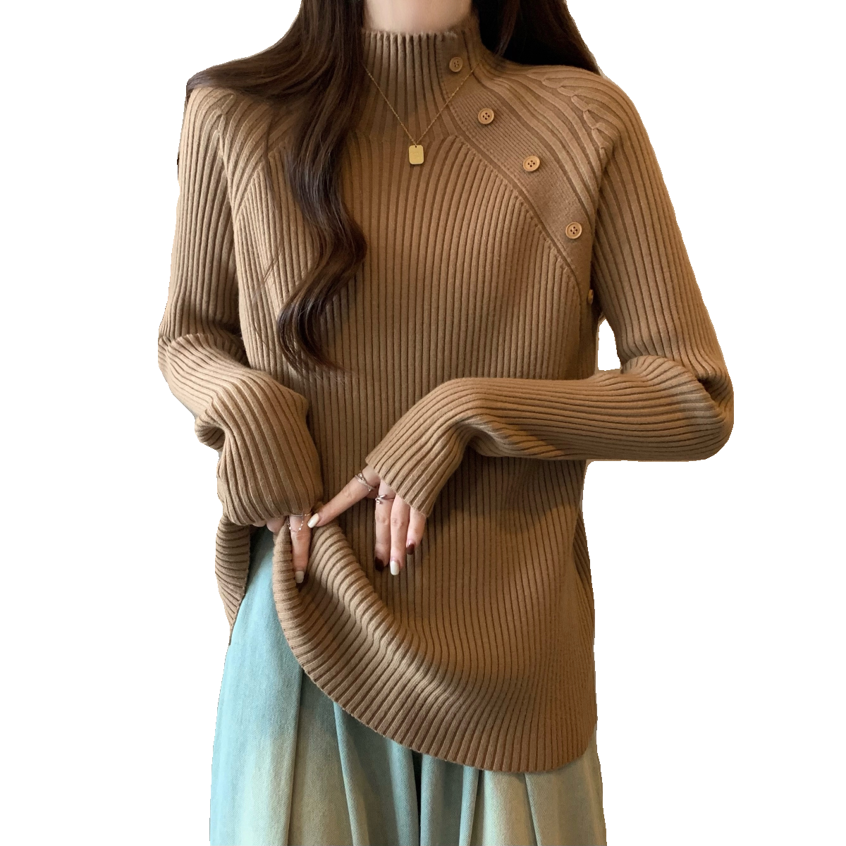 宽松显瘦【80-200斤】半高领打底毛衣女冬大码胖妹妹纽扣设计上衣,淘宝优惠券,粉丝福利购,淘宝优惠卷