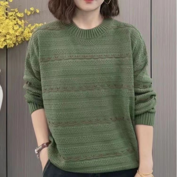 宽松显瘦【80-200斤】秋冬圆领条纹打底针织上衣女洋气减龄毛衣潮,淘宝优惠券,粉丝福利购,淘宝优惠卷