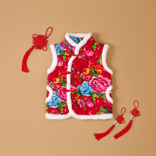 女童东北大花布棉马甲冬季宝宝拜年衣服加厚男女童新年唐装亲子装