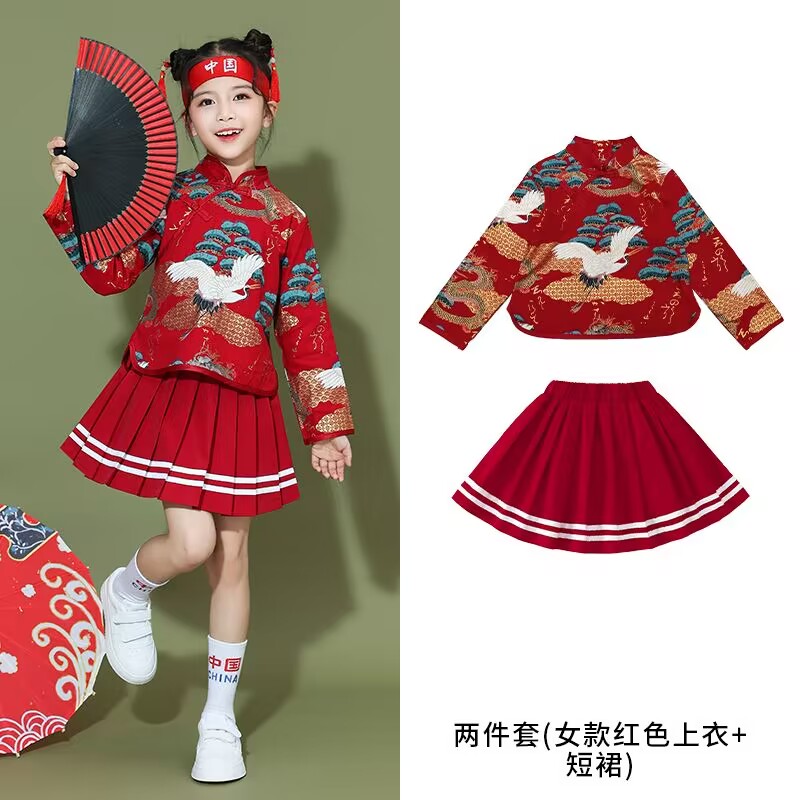 儿童啦啦队演出服男童中国风六一表演服装唐装女童小学生国潮汉服 - 图2