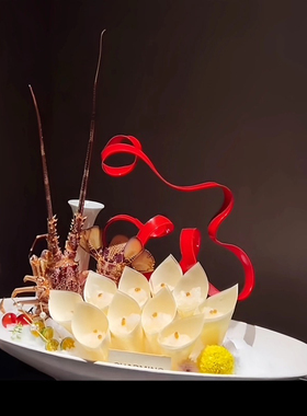 创意刺身摆盘装饰轻奢红色抽象艺术飘带海鲜姿造背景点缀小摆件