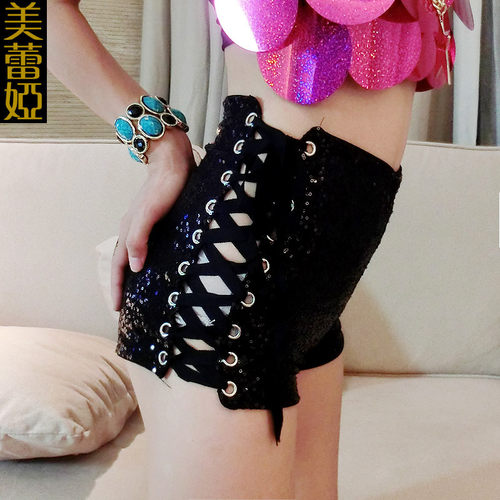 ds演出服新款性感JAZZ领舞爵士舞台装女歌手闪闪亮片绑带高腰短裤 - 图0