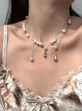 泪滴吊坠项链珍珠双层叠戴 复古项链女潮ins风简约设计小众锁骨链