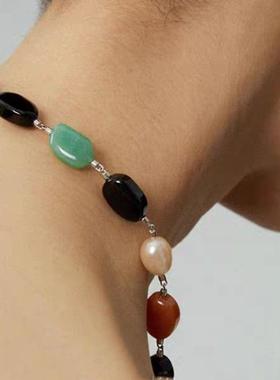 简元素彩色玛瑙撞色天然珍珠项链轻奢高级感原创设计饰品女