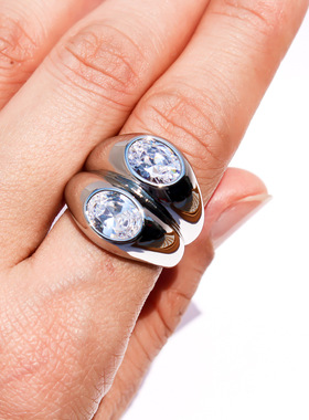 欧美冷淡风双层椭圆锆石宽版戒指