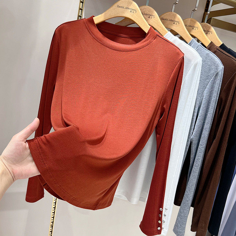 犇业春季新款纯色圆领长袖上衣女薄款天丝羊毛修身显瘦纽扣衫9773,淘宝优惠券,粉丝福利购,淘宝优惠卷