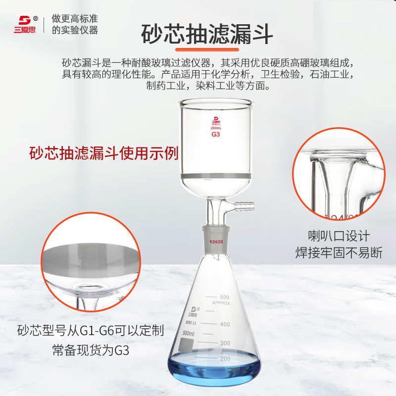 三爱思砂芯抽滤漏斗具磨口砂板G0-G6过滤15-5000ml实验室过滤装置 - 图1