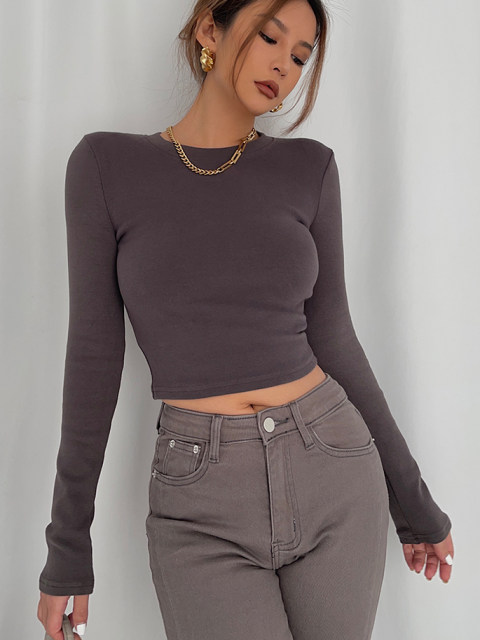 Self -made huge slim high bomb tight autumn and winter short T long -sleeved base wearing hot girl high waist tops are thin and love