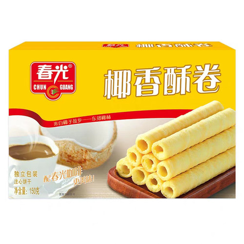 春光椰香酥卷105gX3盒海南特产椰奶椰汁夹心注浆蛋卷休闲零食小吃 - 图3