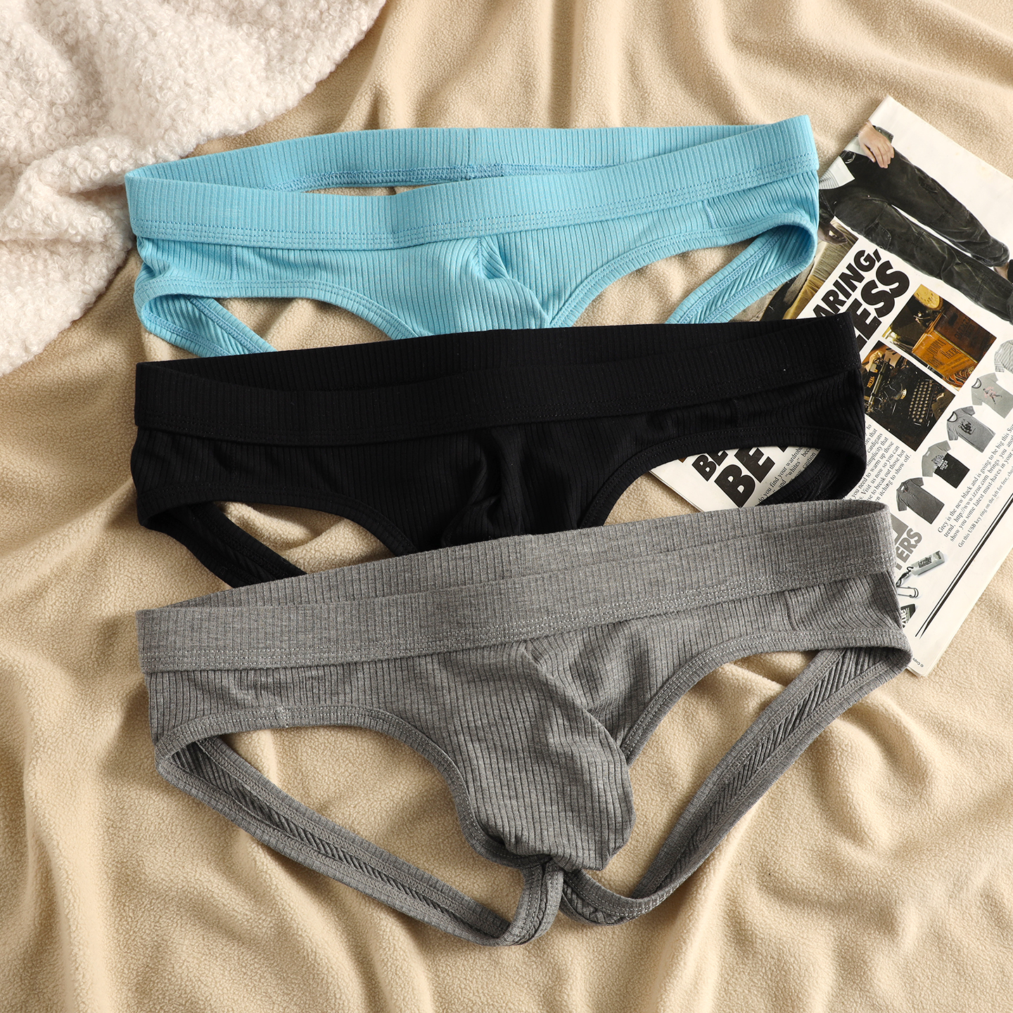 双丁内裤男士低腰性感螺纹人棉提臀双丁裤U凸弹力紧身健身丁字裤 - 图0