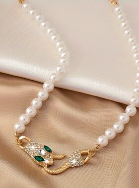 欧美蛇形金属珍珠链条项链高级设计感嘻哈冷淡风女士项链