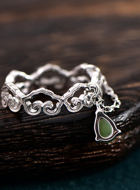 纯银镶嵌碧玉时尚女生戒指