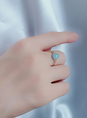 天然海蓝宝戒指冰种原创轻奢包金