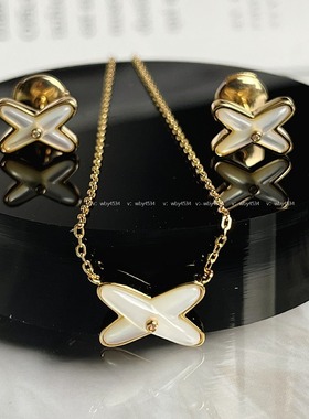 2025v金白贝母交叉耳环女夏轻