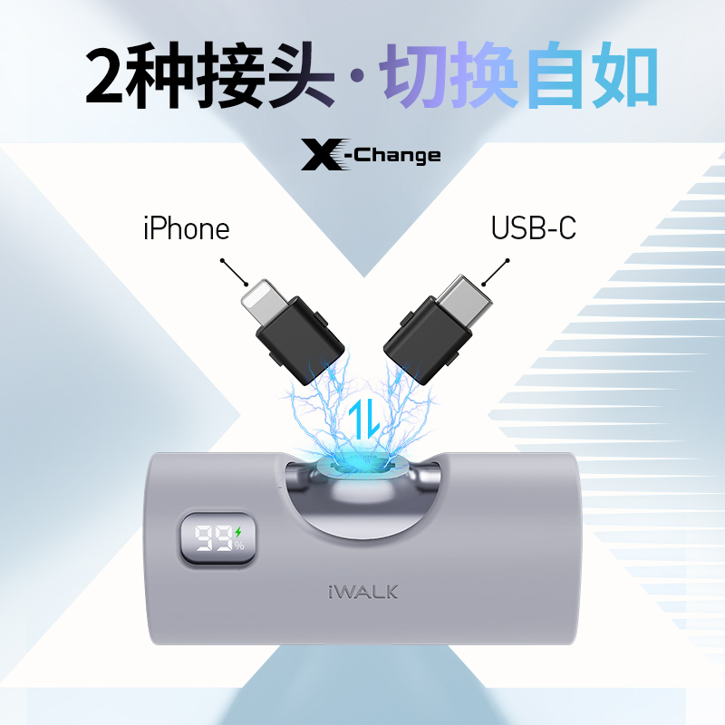 iWALK爱沃可胶囊充电宝PD快充20w小巧便携可换头双接头适用苹果iphone15华为小米系列迷你口红便携应急电源