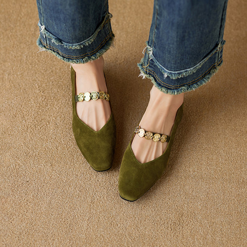 羊皮版~法式方头金币链玛丽珍鞋女2025秋季新款舒适百搭低跟单鞋 - 图3