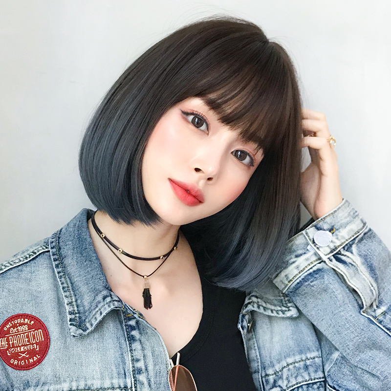 七街皇后假发旗舰店假发女短发学生头圆脸渐变雾霾蓝全头套式网红自然短发内扣波波头0