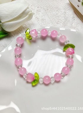 2024春季百搭彩色粉玉手链清新甜美水晶郁金香琉璃手串女田园风