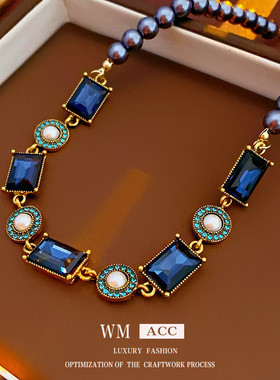 中古风镶钻珍珠方形锁骨链