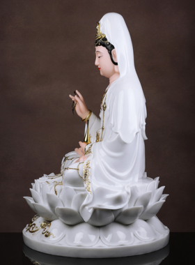 观音菩萨佛像摆件汉白玉家用供奉南海观世音菩萨坐莲娑婆三圣神像