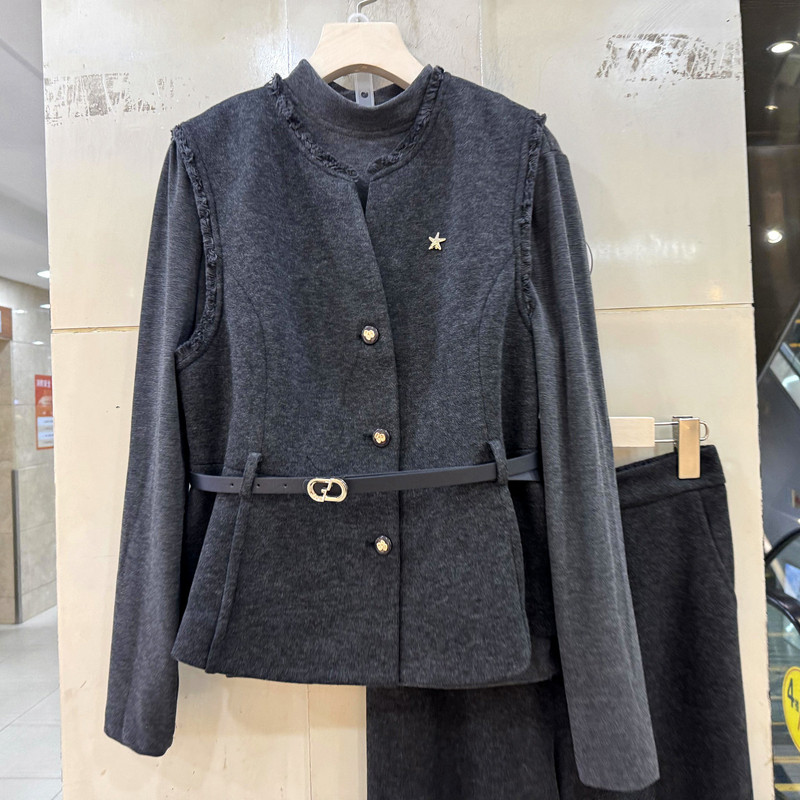 依米莎26A015 立领内搭流苏毛边腰带马甲+直筒裤毛呢三件套裤春装,淘宝优惠券,粉丝福利购,淘宝优惠卷