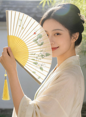 扇子古风汉服舞蹈二青学生演出装饰扇小折叠竹扇中式复古旗袍折扇