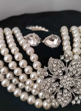 赫本风•轻奢新娘水钻吊坠仿珍珠项链盖茨比舞会同款多层珍珠颈链